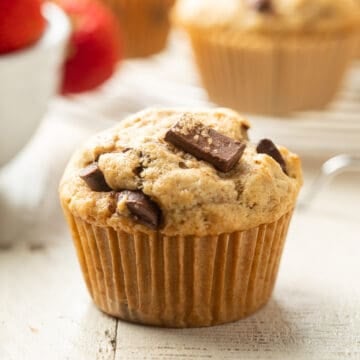 Close up of a Vegan Chocolate Chip Muffin.