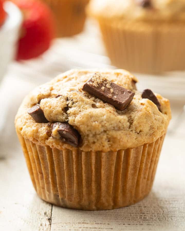 Close up of a Vegan Chocolate Chip Muffin.