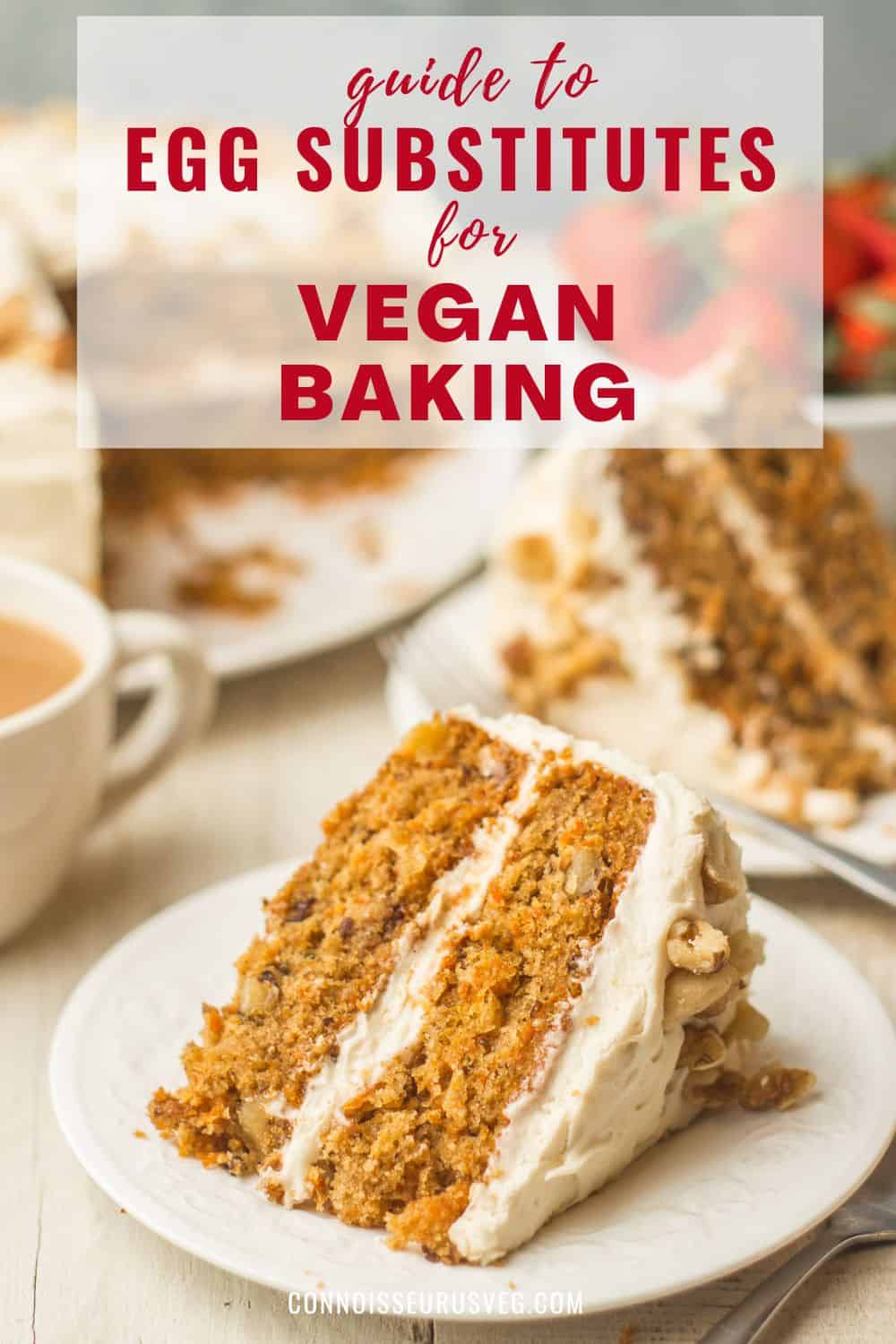 Slice of vegan carrot cake on a plate with text overlay reading "guide to egg substitutes for vegan baking."