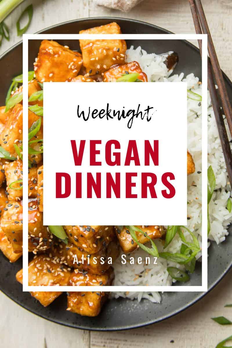 Plate of tofu and rice with text overlay reading "weeknight vegan dinners."
