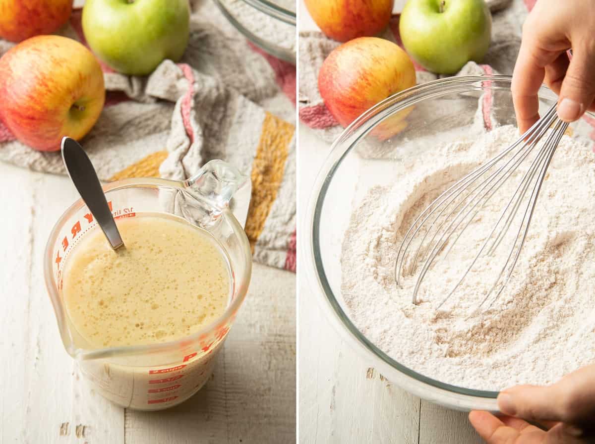 Two photo collage containing: wet ingredients for vegan apple cake in a liquid measuring cup, and hand whisking dry ingredients together in a bowl.