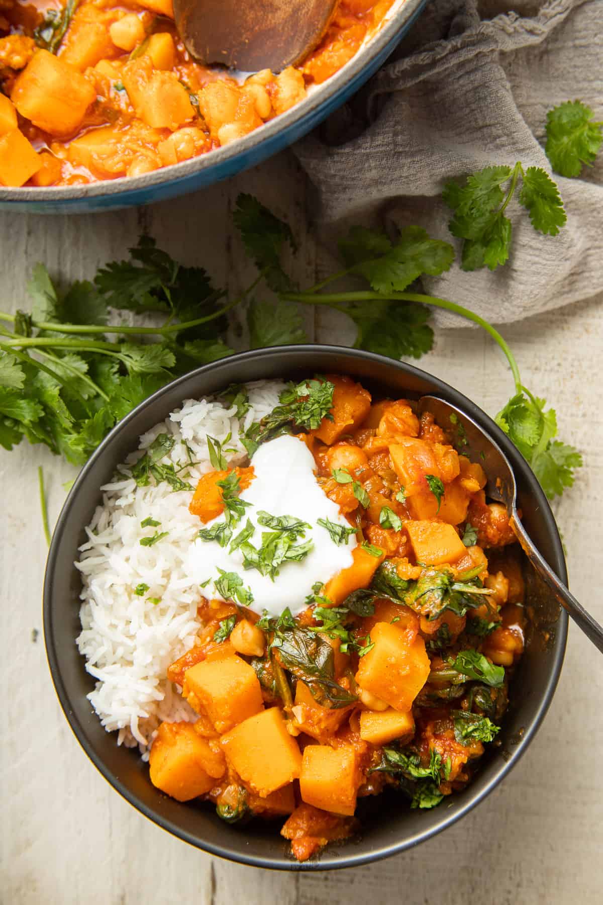 White wooden surface set with pot, bowl of Butternut Squash Stew and sprigs of cilantro.
