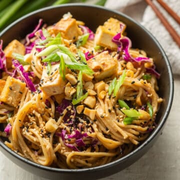 Bowl of Sesame Peanut Noodles with tofu and scallions.