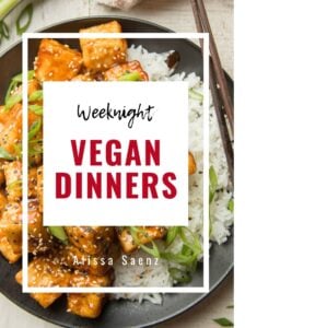 Plate of tofu and rice with text overlay reading "weeknight vegan dinners."