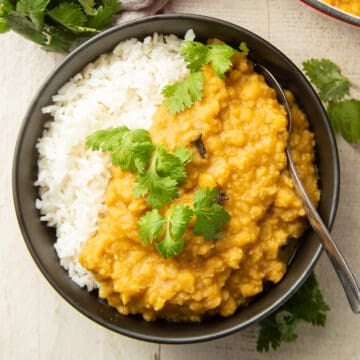 Bowl of Yellow Split Pea Dal and rice with fresh cilantro on top.