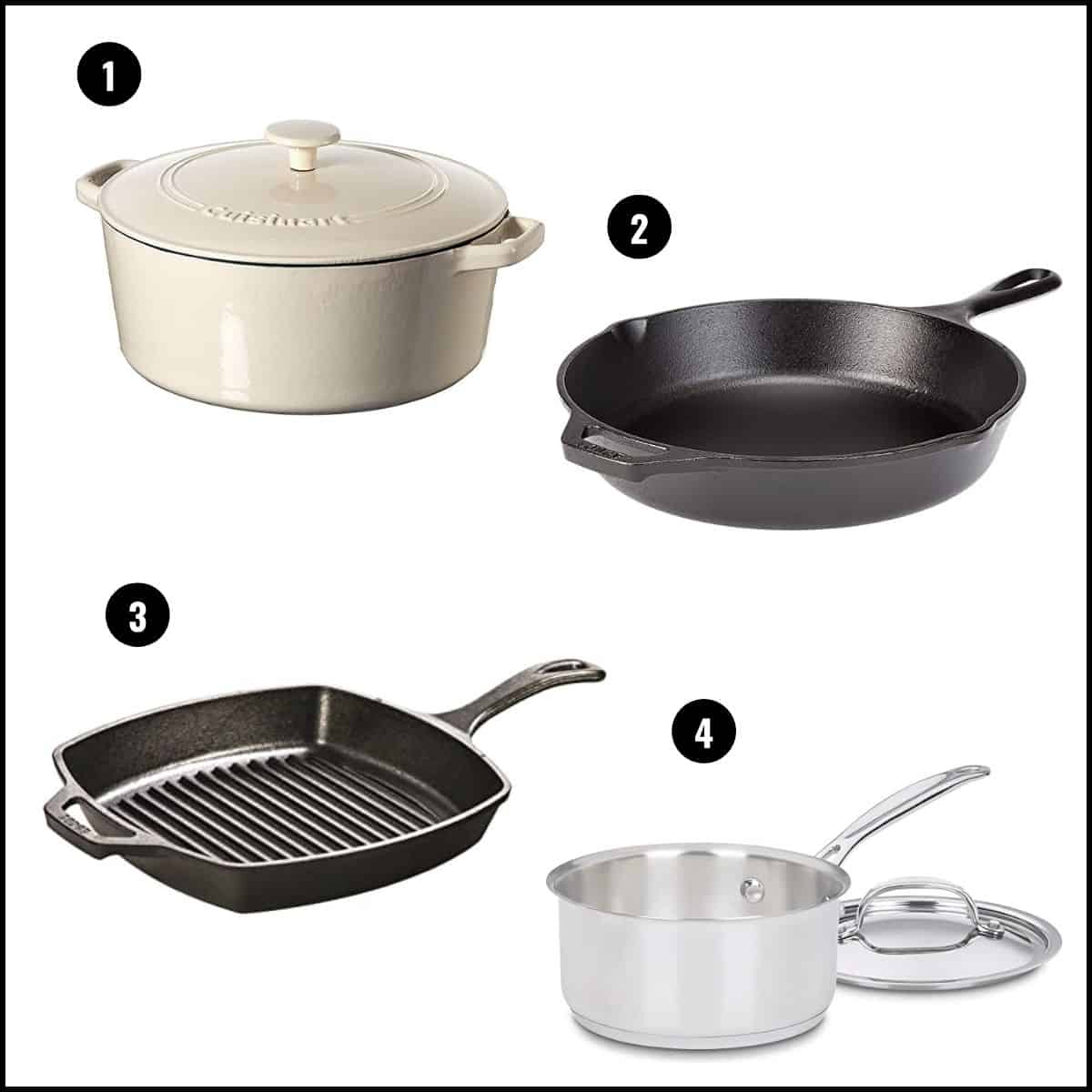 Graphic showing cookware with associated numbers.