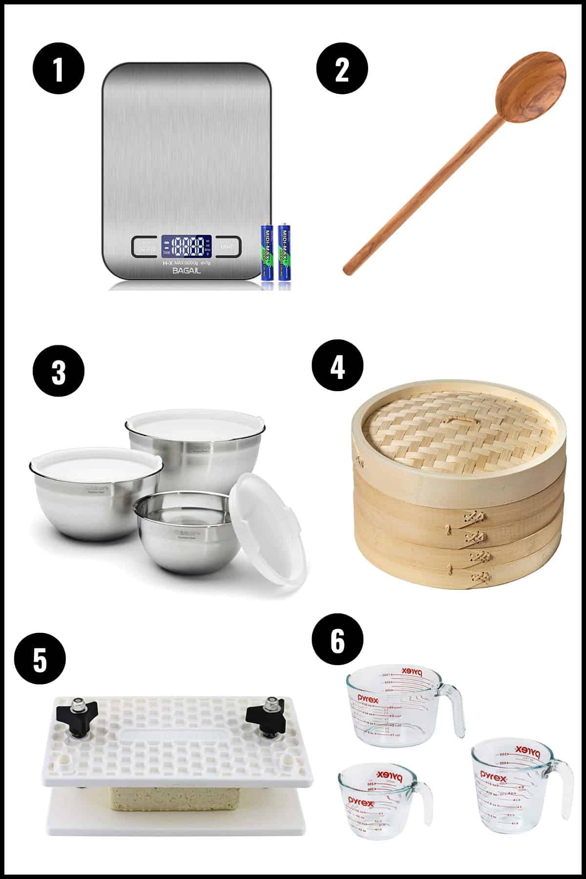 Graphic showing kitchen tools with associated numbers.