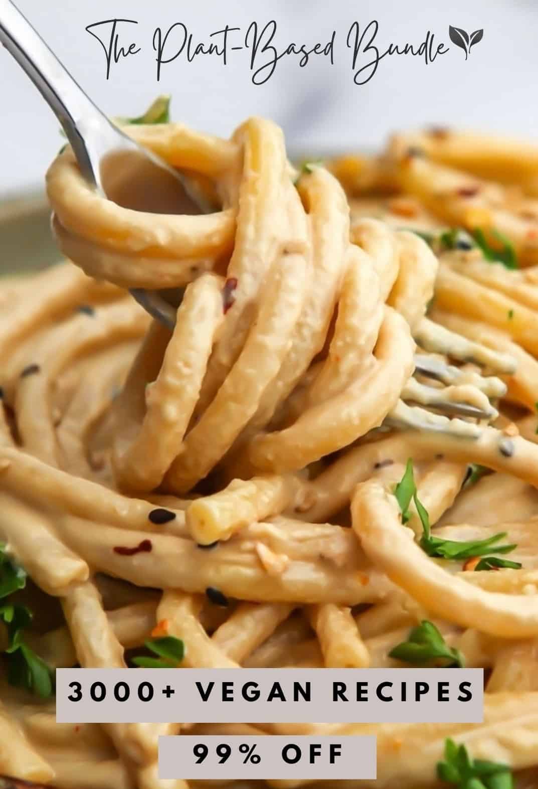 Close up of pasta with creamy sauce with text reading "the plant based bundle" and "3000+ vegan recipes 99% off".