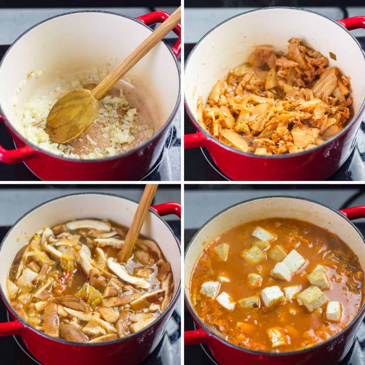 Collage showing 4 stages of Vegan Kimchi Stew cooking in a pot.