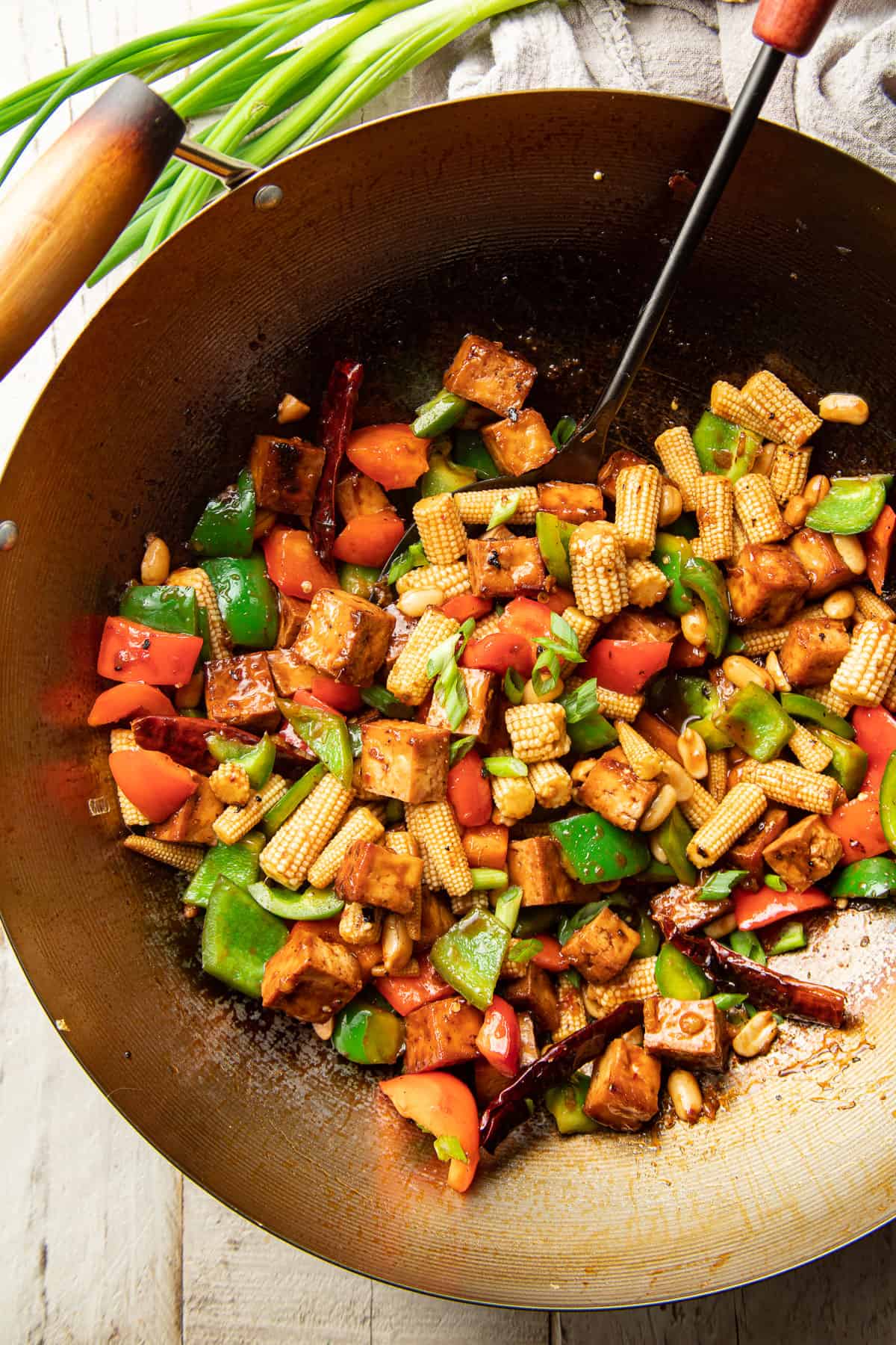 Kung Pao Tofu in a wok.
