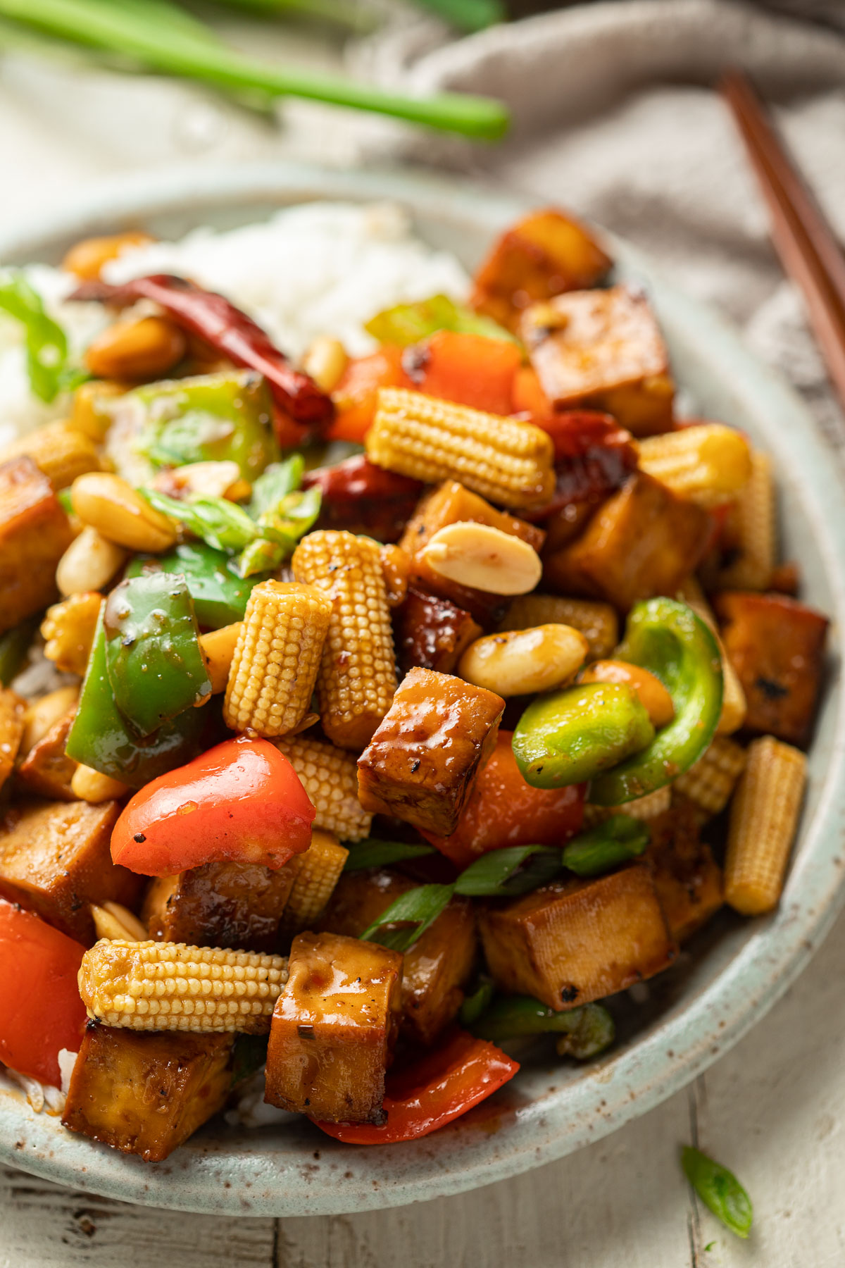 Close up of Kung Pao Tofu on a plate.