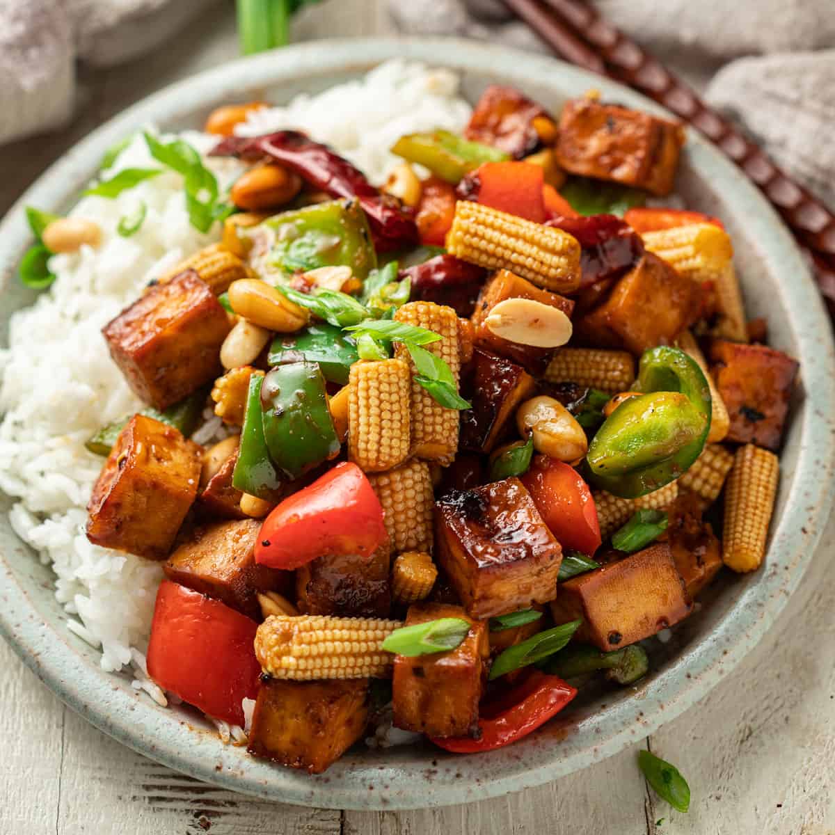 Close up of a plate of Kung Pao Tofu and rice.