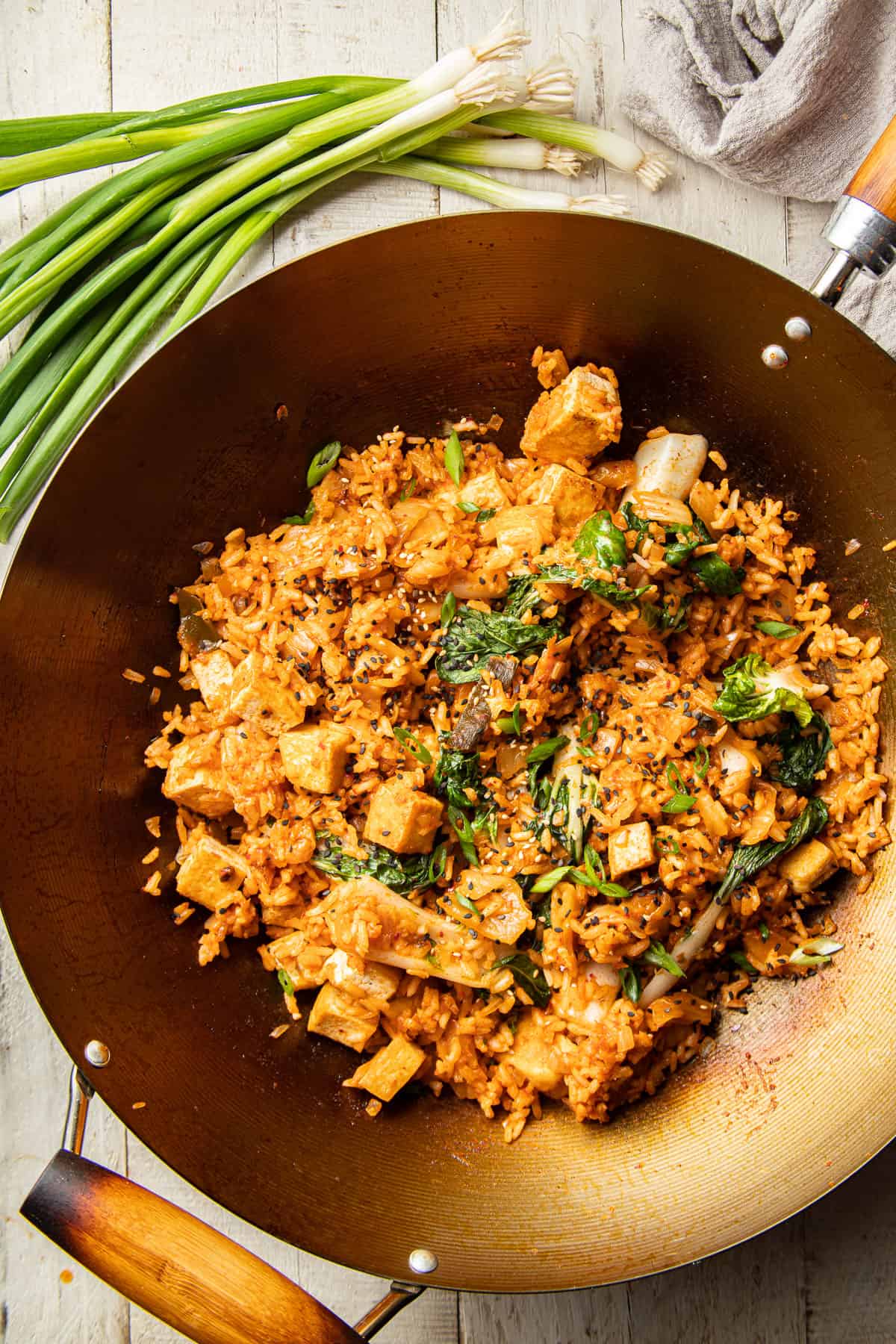 Kimchi fried rice in a wok.