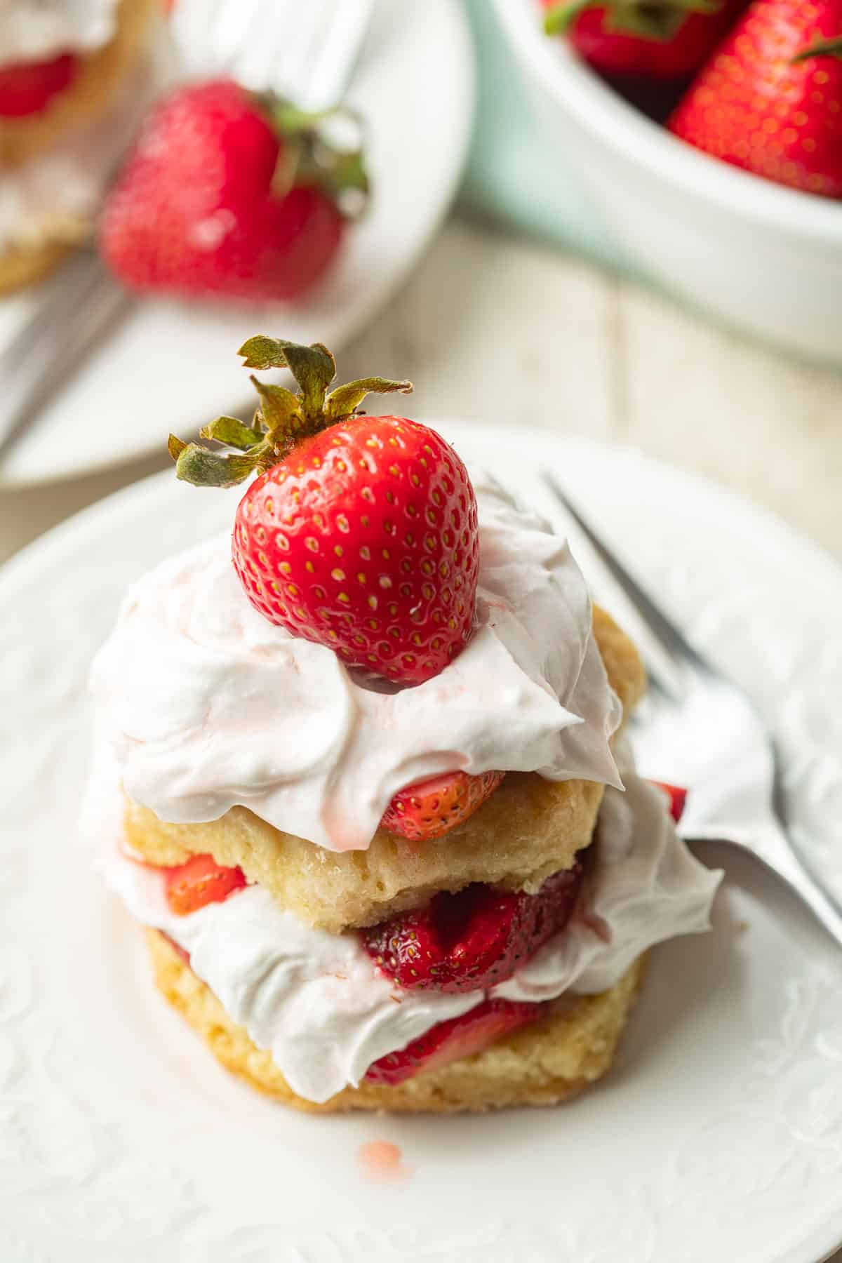 Vegan Strawberry Shortcake on a plate with fork.