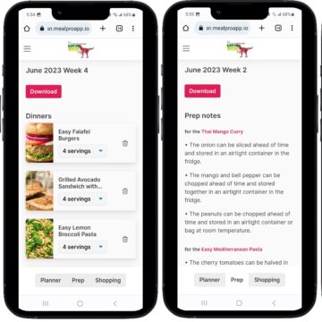 Four i-phone mockups showing screen shots of meal planning app.
