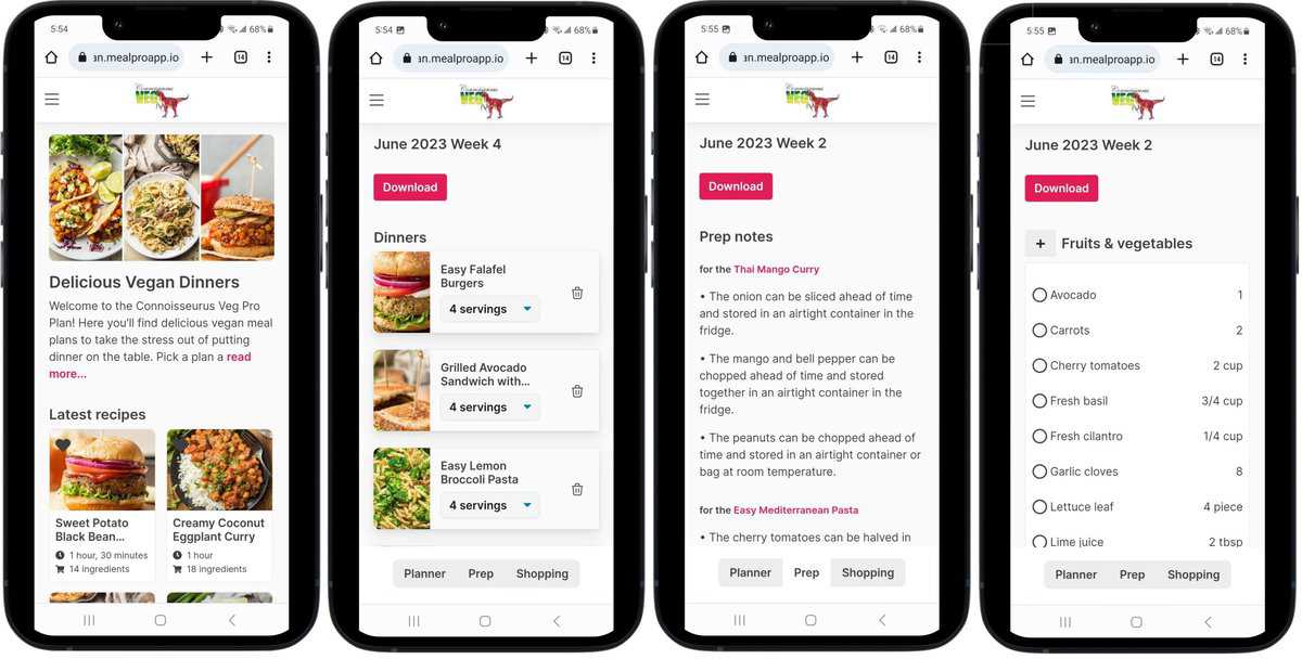 Four i-phone mockups showing screen shots of meal planning app.