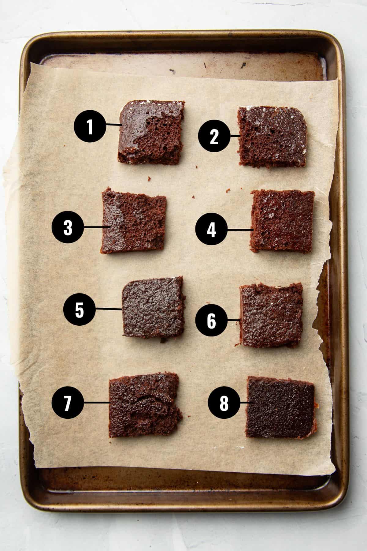 Baking sheet with eight squares of chocolate cake with number labels.