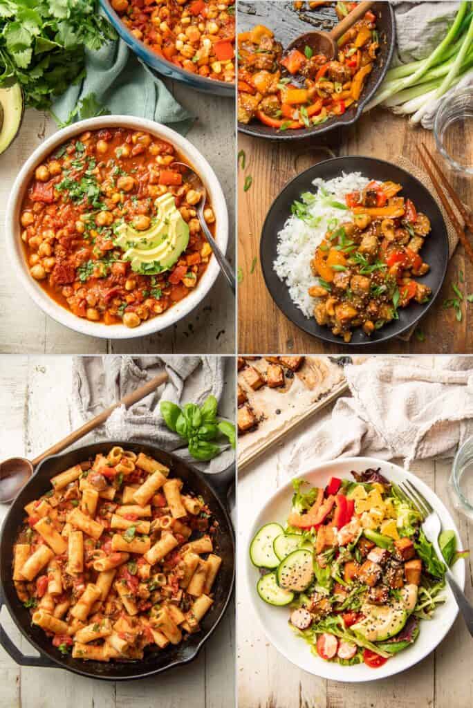 Collage showing chickpea chili, tempeh stir-fry, eggplant pasta and tofu salad.