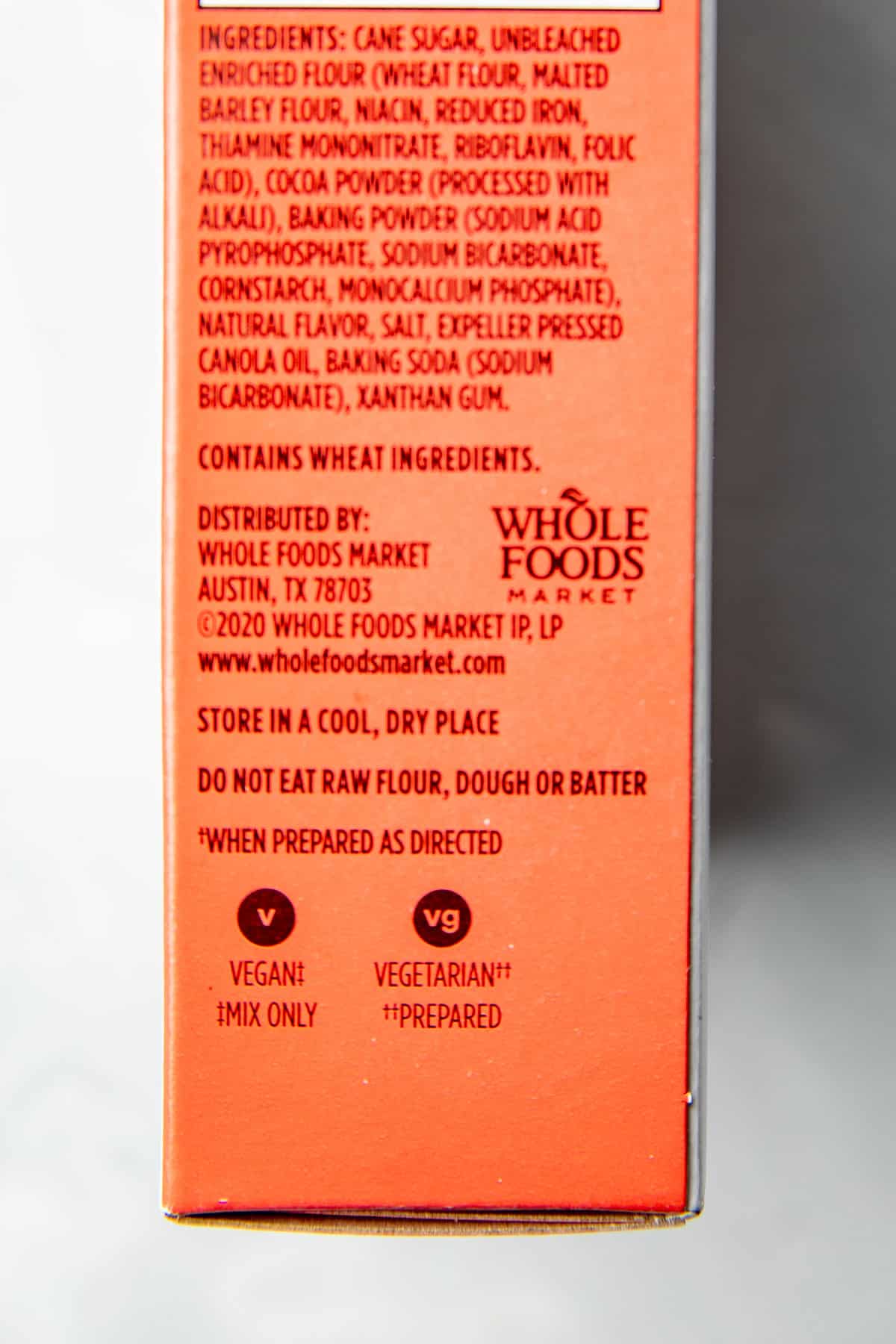 Close up of ingredients panel on a Whole Food's brand cake mix.