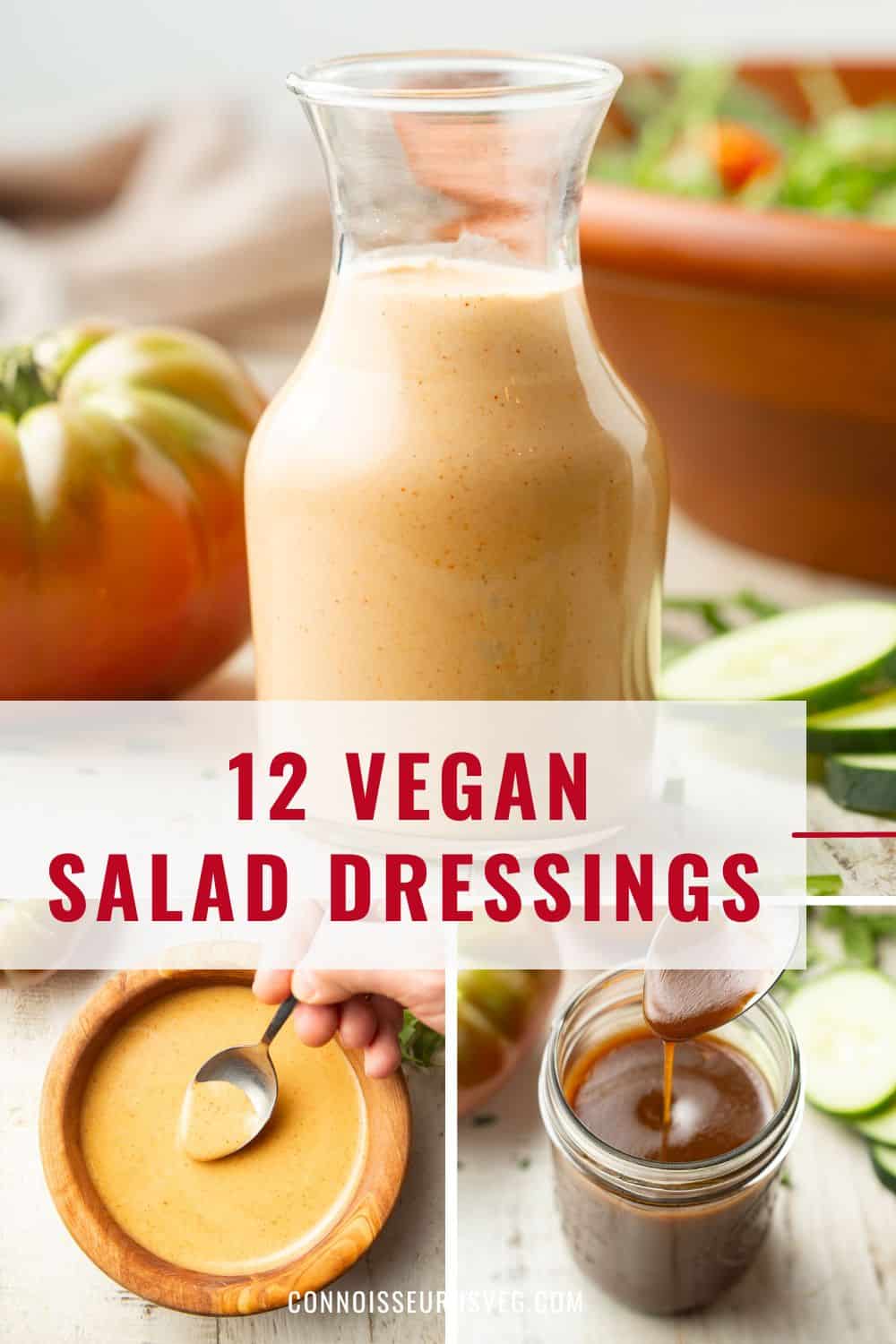 Graphic showing three photos of salad dressings with text overlay reading "12 vegan salad dressings".