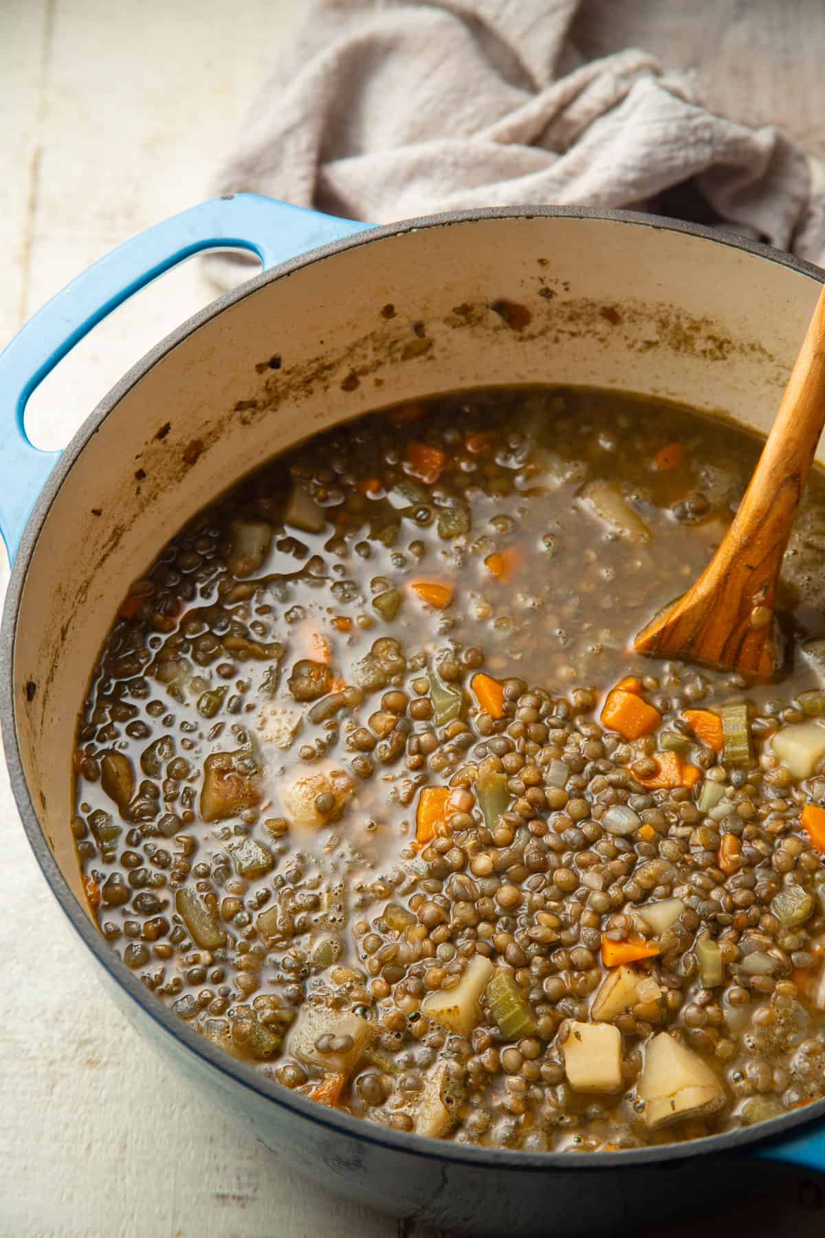 Pot of French Lentil Soup with a wooden spoon.
