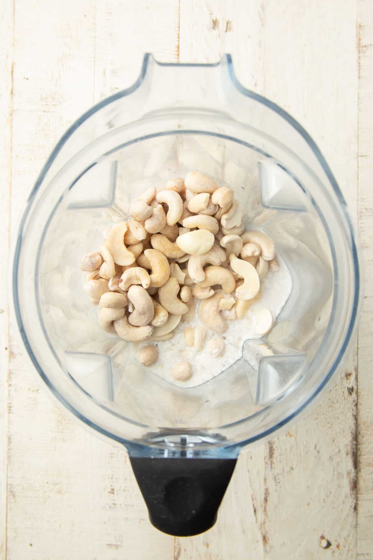 Ingredients for cashew cheese in a blender.