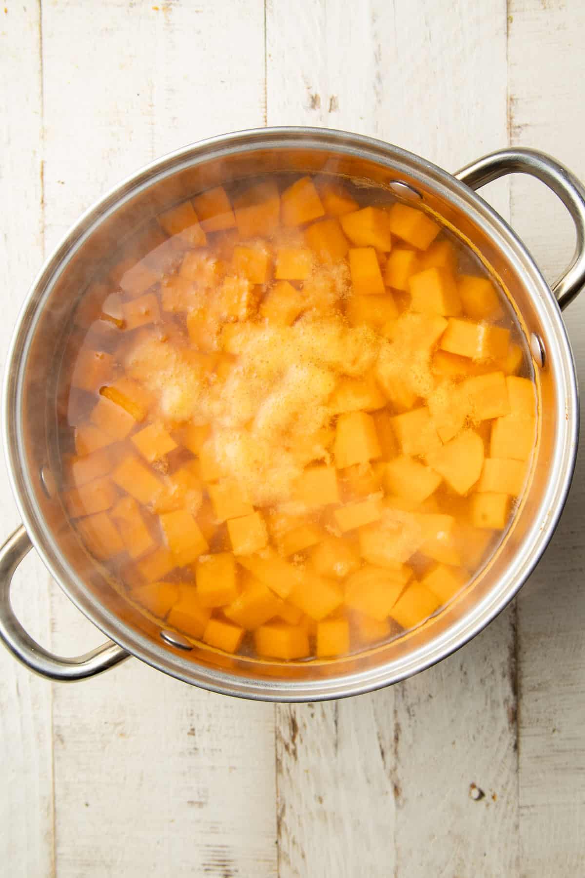 Just boiled sweet potato cubes in a pot of water.