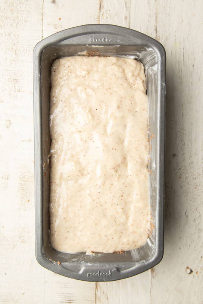 Quick bread batter in a loaf pan.