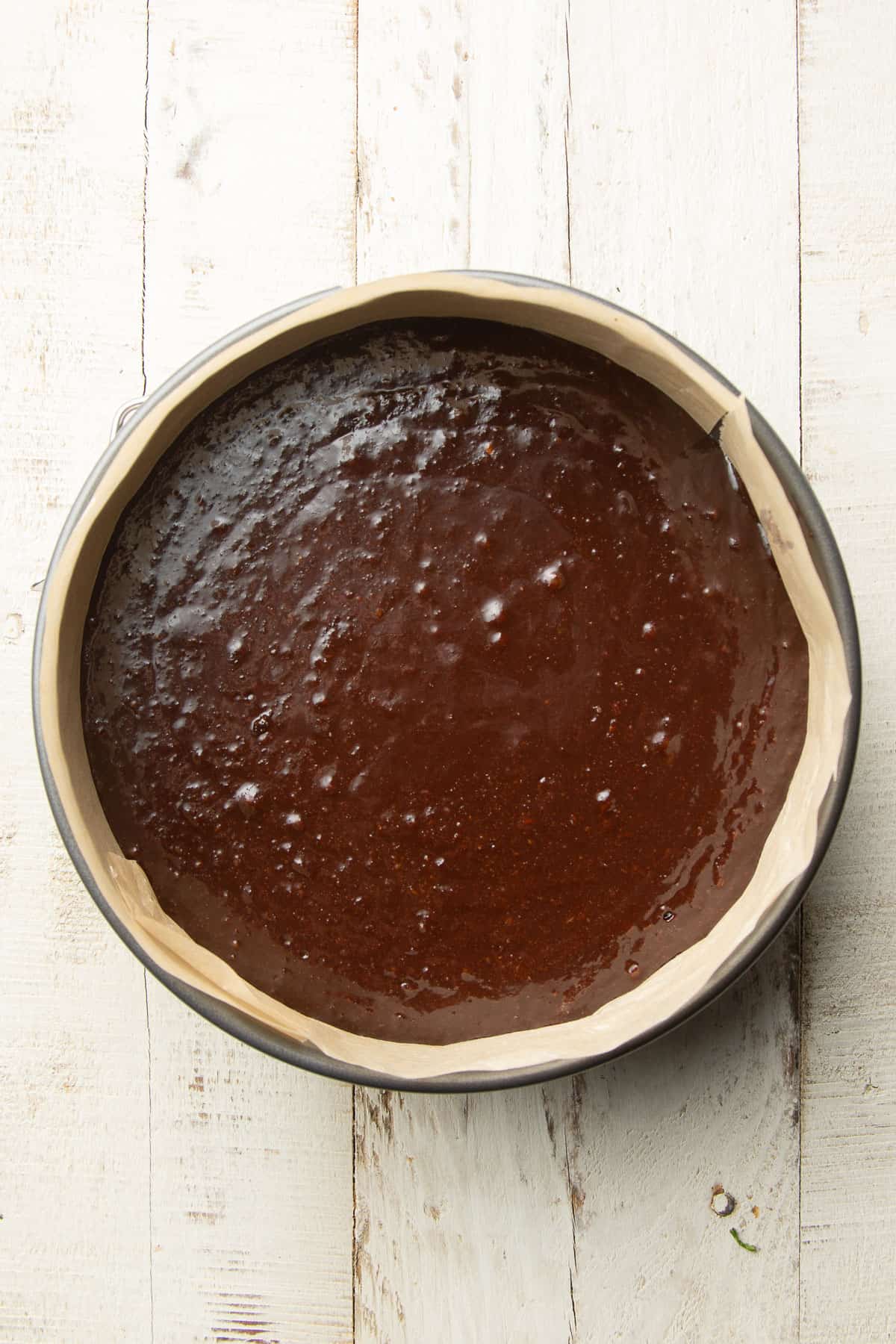 Vegan Chocolate Torte batter in a cake pan.