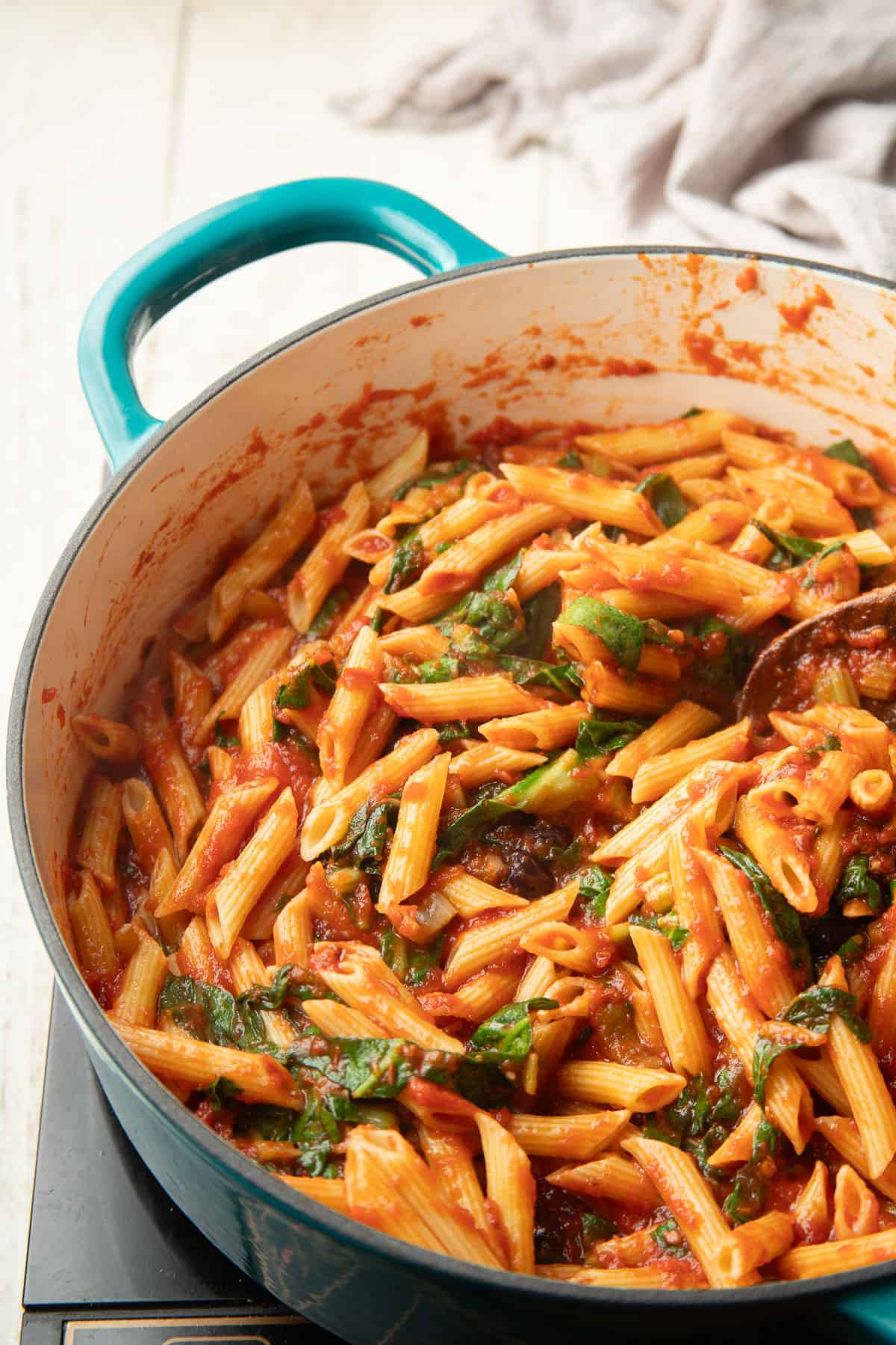 Swiss Chard Pasta cooking in a pot.