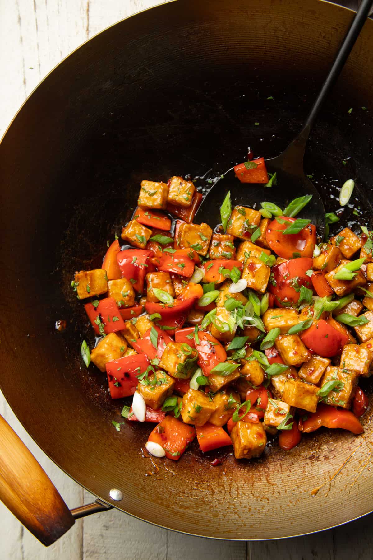 Sweet Chili Tofu in a wok.