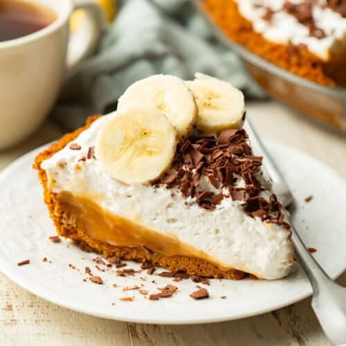 Slice of Vegan Banoffee Pie on a plate with a fork.