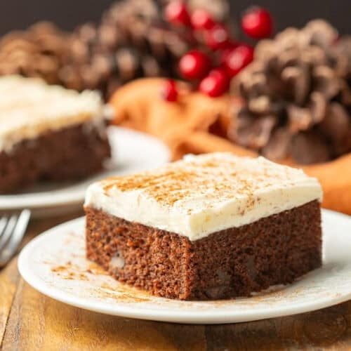 Slice of Vegan Chocolate Spice Cake on a plate with berries and pine cones in the background.