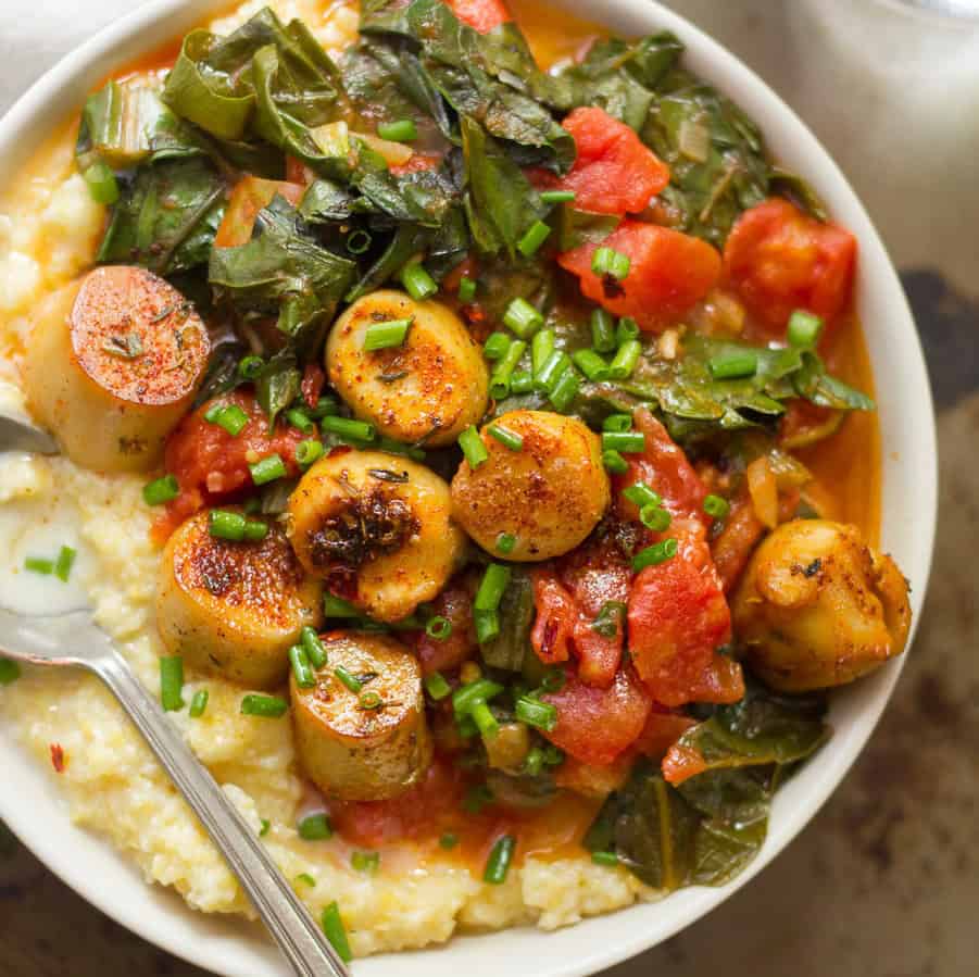Blackened King Oyster Mushroom Scallops & Grits with Greens
