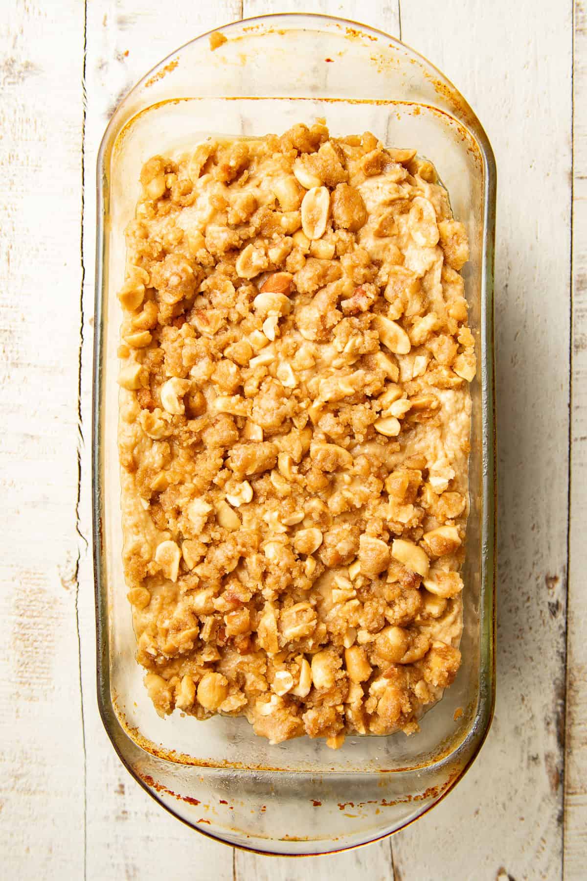 Unbaked loaf of Peanut Butter Bread in a loaf pan.
