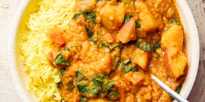 Bowl of Ethiopian Red Lentil Stew with turmeric rice.
