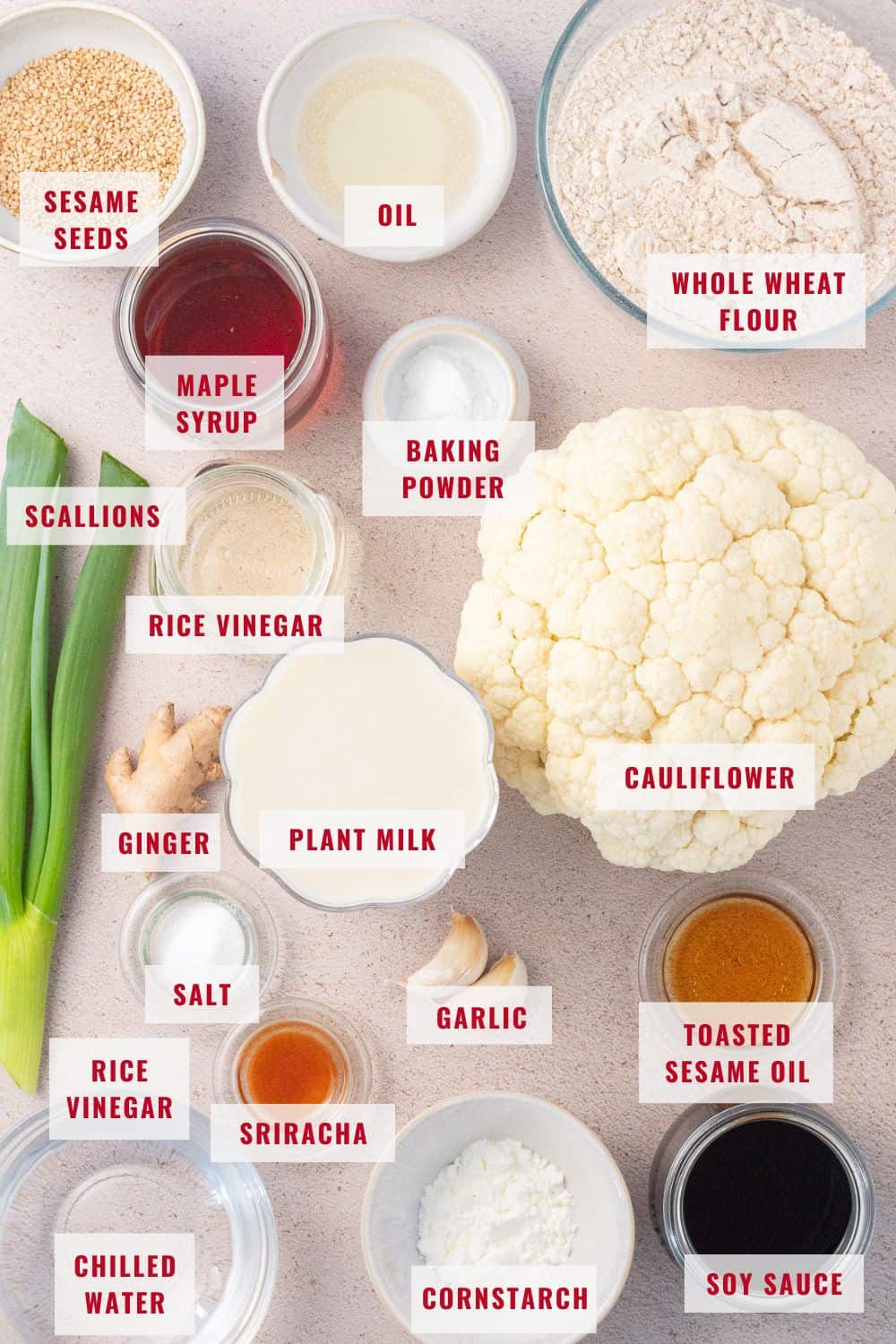 Ingredients for making Sticky Sesame Cauliflower with labels.