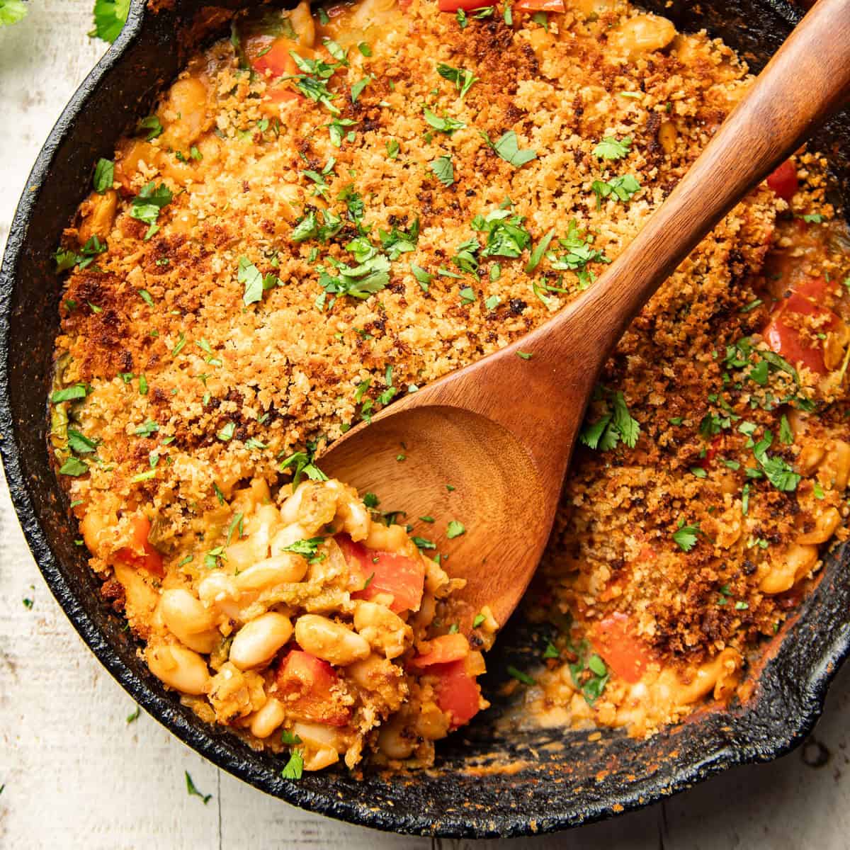 Green Chile White Bean Skillet with Crispy Panko Topping