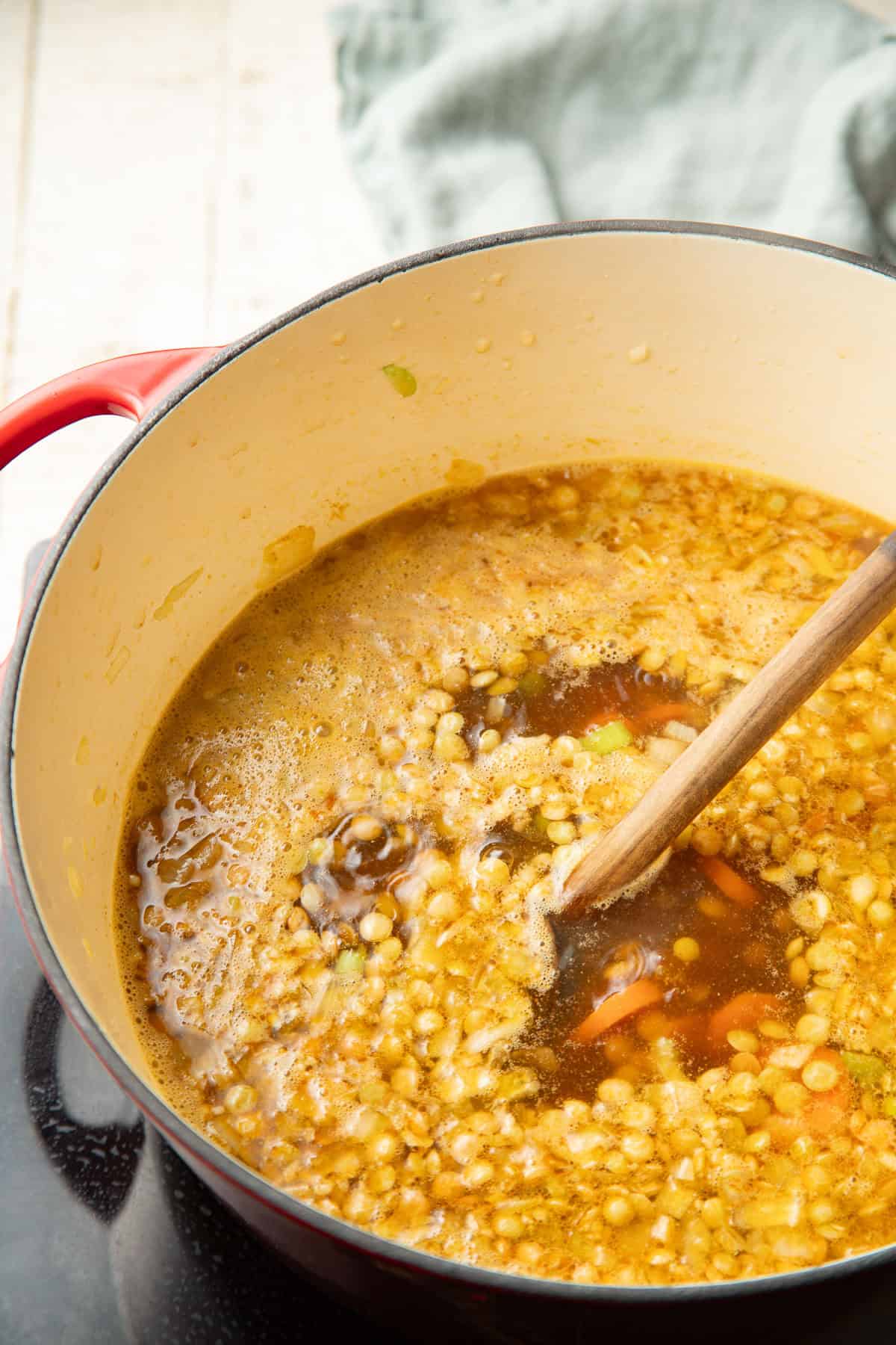 Lentils and vegetables simmering in a pot of broth.