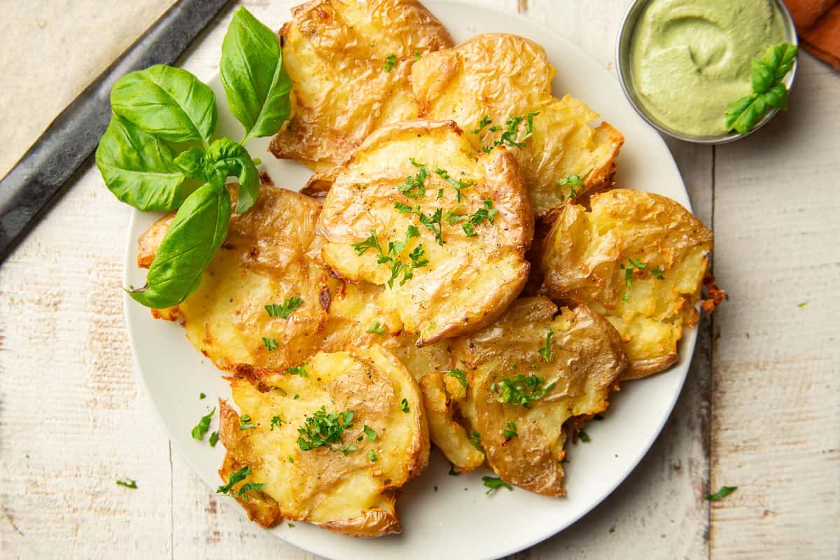 Garlic Smashed Potatoes with Basil Aioli