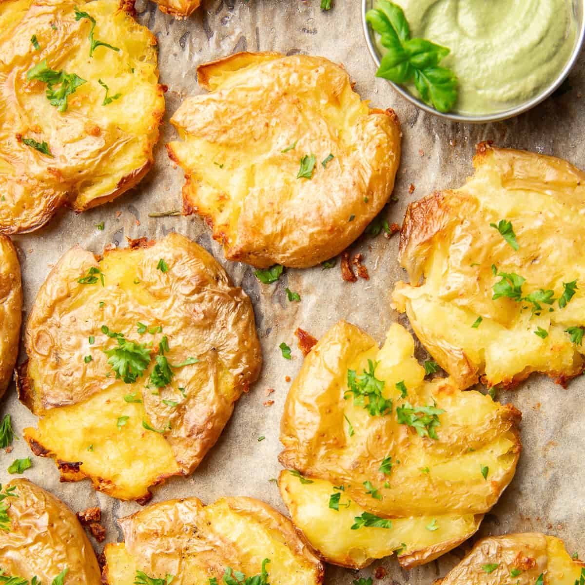 Garlic Smashed Potatoes with Basil Aioli