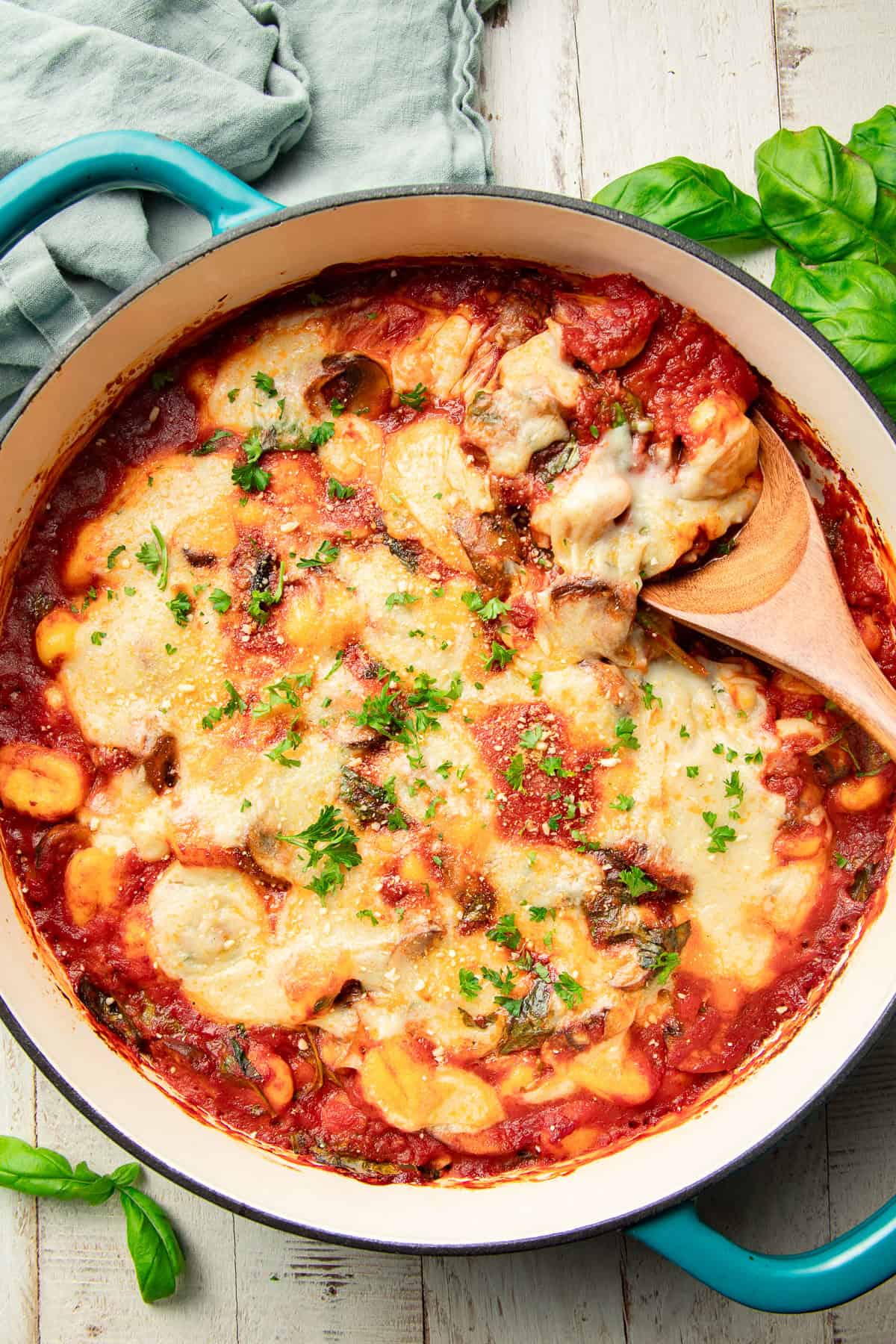 Casserole dish filled with Vegan Gnocchi Bake.