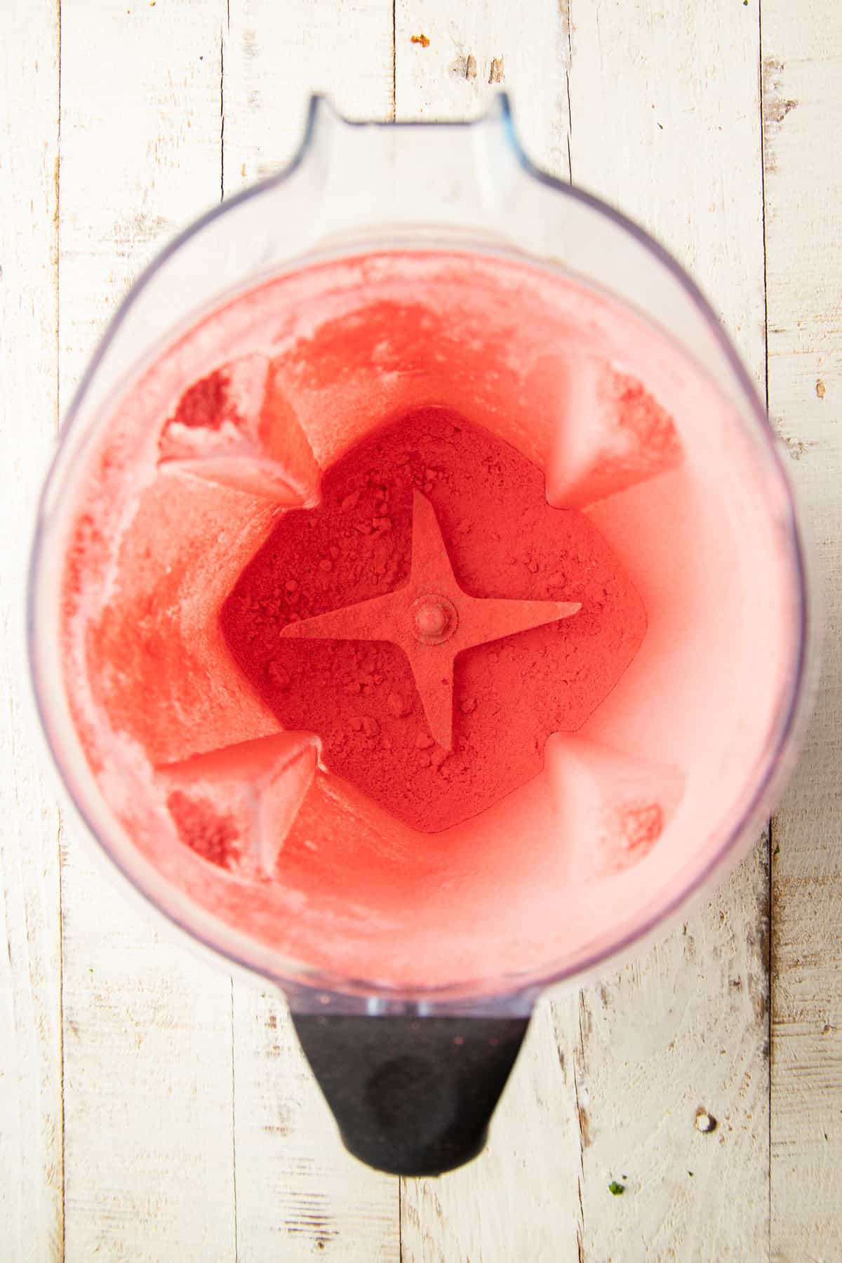 Freeze-dried strawberry powder in a blender.