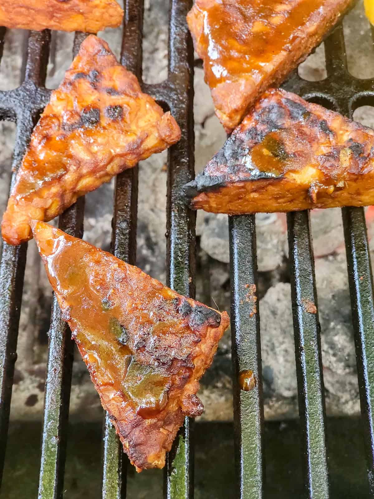 Tempeh triangles with char marks on the grill.