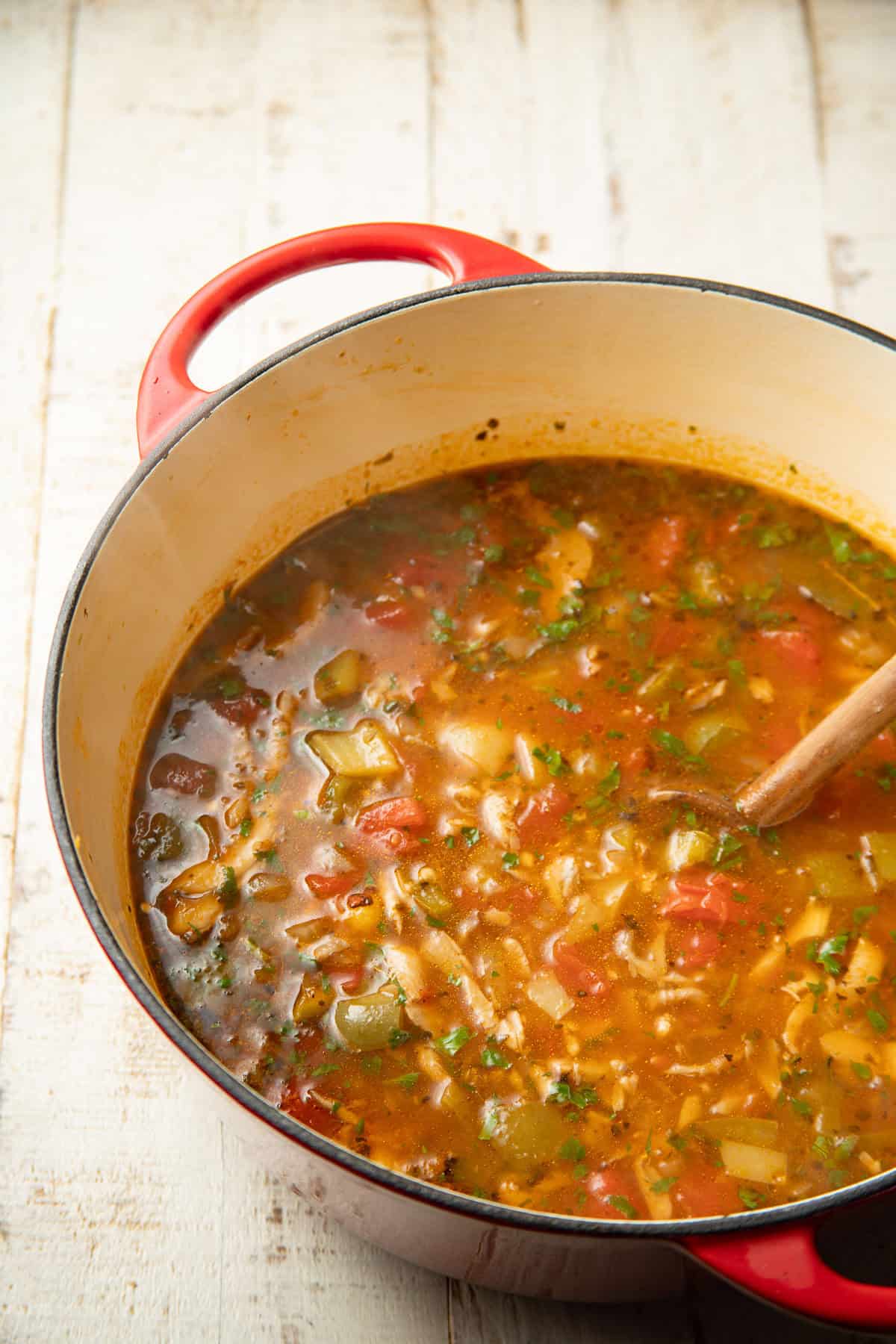 Pot of Vegan Sopa de Lima with wooden spoon.