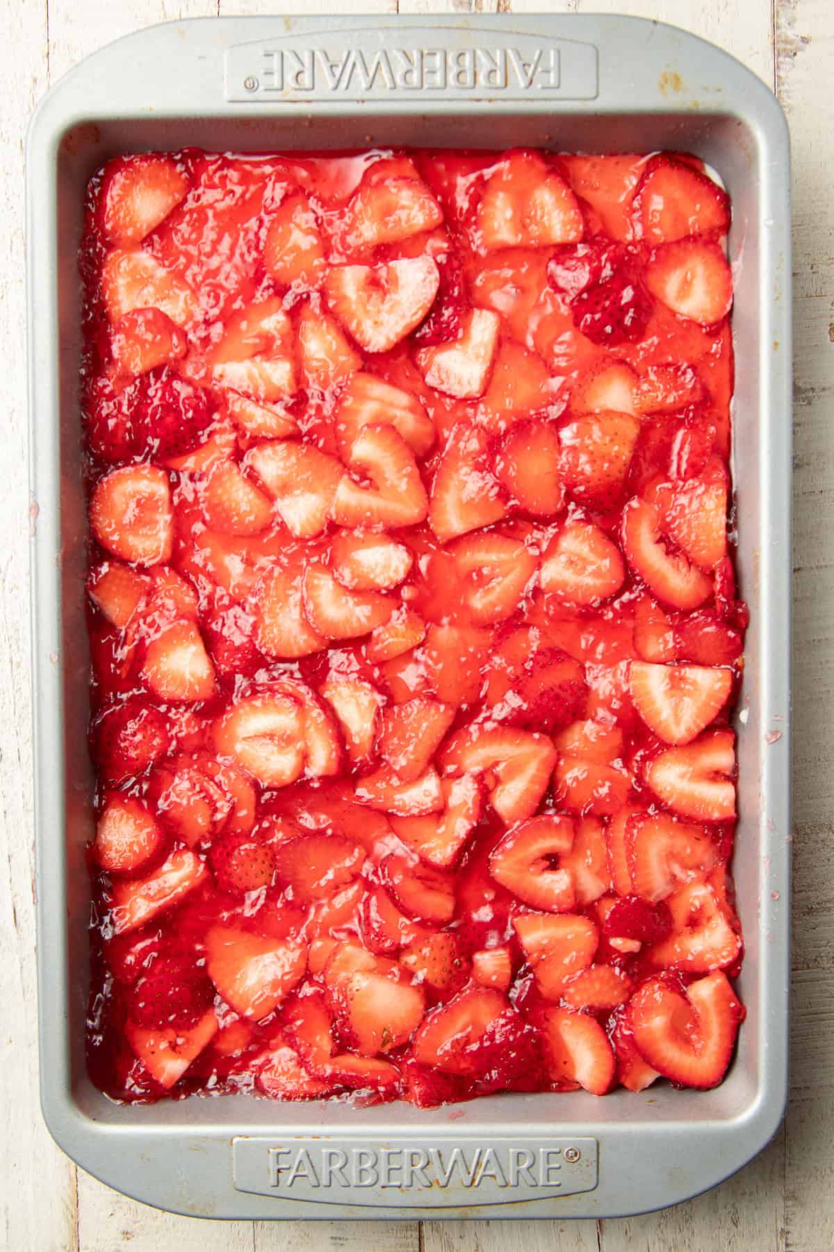 Vegan Strawberry Pretzel Salad in a baking dish.