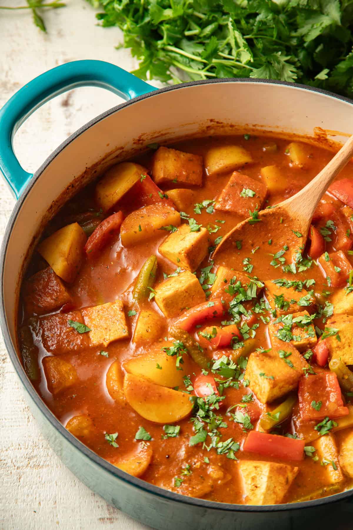 Pot of Vegetable Vindaloo with cilantro in the background.