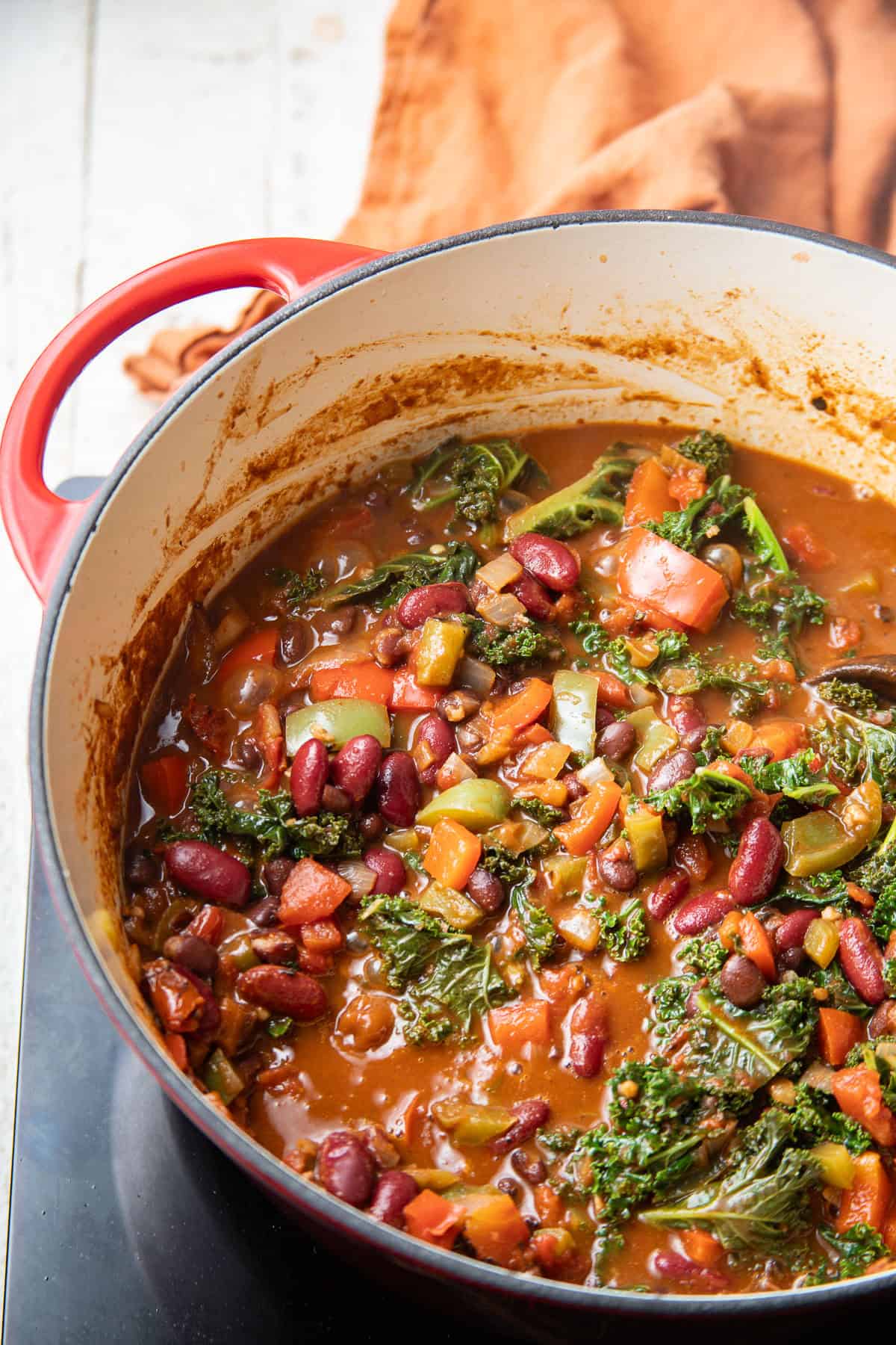 Kale Chili in a pot on the stove.