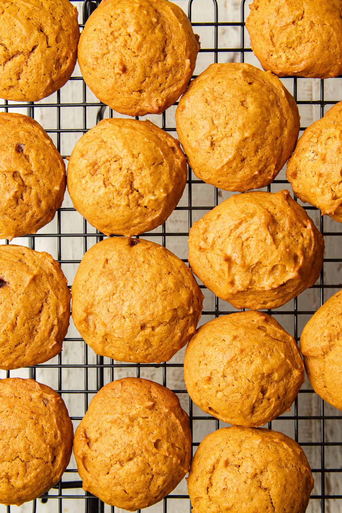 Vegan Pumpkin Whoopie Pie cake halves on a cooling rack.
